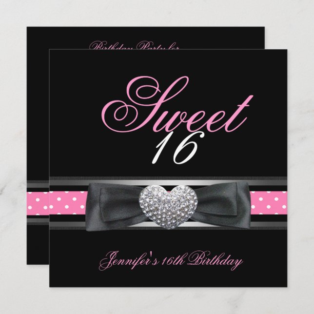 Sweet 16 Birthday Party Black Pink White Spot 3 Einladung (Vorne/Hinten)