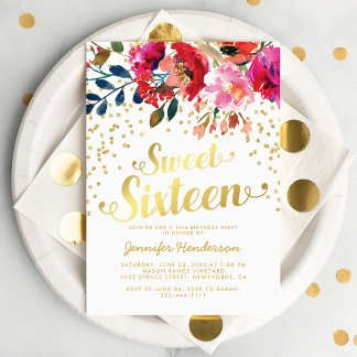 Sweet 16 Birthday Party | Floral Gold Glitzer Einladung