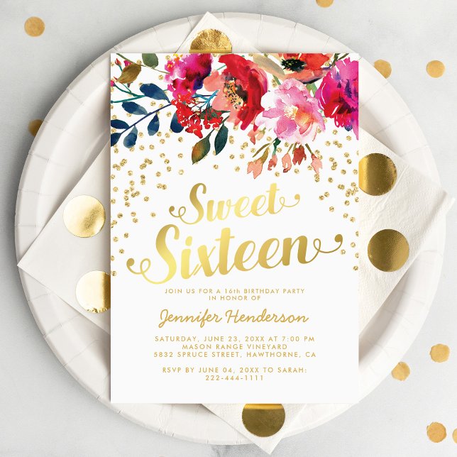 Sweet 16 Birthday Party | Floral Gold Glitzer Einladung (Von Creator hochgeladen)