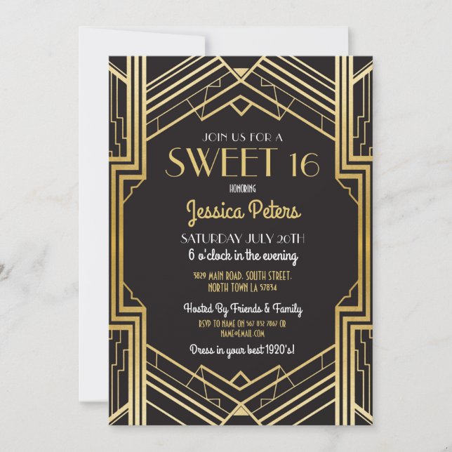 Sweet 16 Birthday Party Gatsby Art Deco Einladung (Vorderseite)
