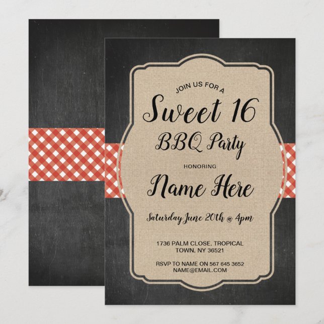 Sweet 16 Birthday Party GRILLEN Red Gingham Burlap Einladung (Vorne/Hinten)