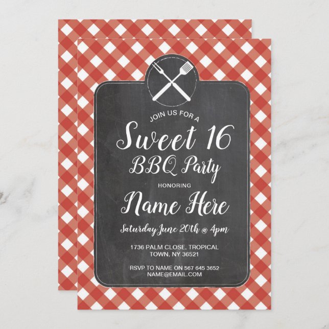 Sweet 16 Birthday Party GRILLEN Red Gingham Chalk Einladung (Vorne/Hinten)