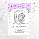 Sweet 16 Birthday Party - Lila Silberballons Einladung<br><div class="desc">Sweet 16 Geburtstagsfeier Einladung. Elegantes Design in Imitaten Glitzer Silber mit Blumenakzent. Einladende Karte mit Silber-Nummer 16 Ballons,  Script-Schriftart mit Konfetti. Lila und weiß. Ideal für eine stilvolle sechzehnte Feier. Nachricht,  wenn du ein Alter brauchst.</div>
