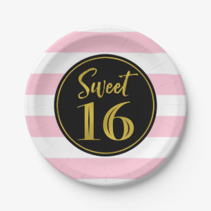 Sweet 16 Birthday Party Pink Schwarz-weiß Stripes Pappteller