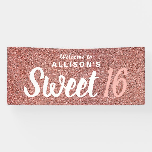 Sweet 16 Birthday Party Rose Gold Glitzer Monogram Banner (Horizontal)
