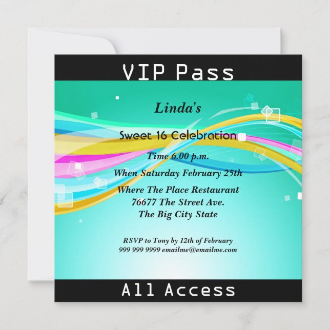 Sweet 16 Birthday Party VIP Pass Disco 2 Einladung (Vorderseite)