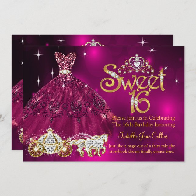 Sweet 16 Birthday Pflaume Pink Kleid Tiara Carriag Einladung (Vorne/Hinten)
