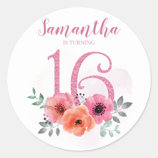 Sweet 16 Birthday Pink Aquarell Glitzer Runder Aufkleber (Vorderseite)