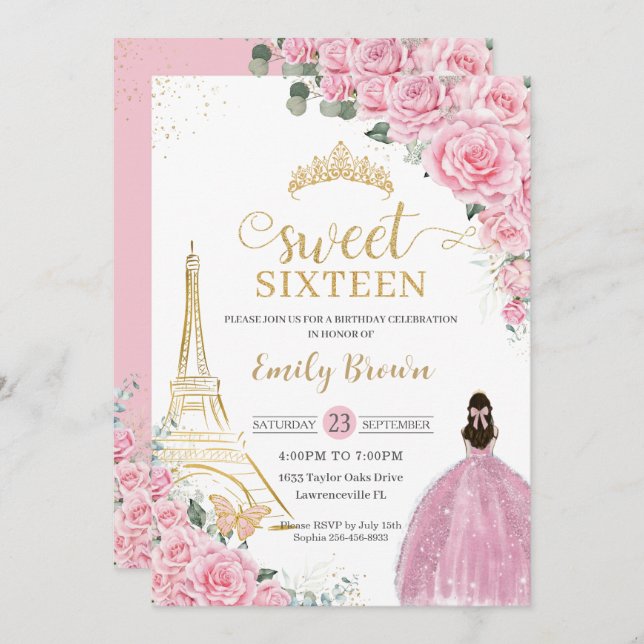 Sweet 16 Birthday Pink Floral Paris Eiffel Gold Einladung (Vorne/Hinten)
