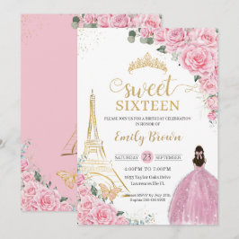 Sweet 16 Birthday Pink Floral Paris Eiffel Gold Einladung