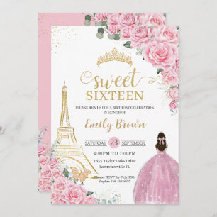 Sweet 16 Birthday Pink Floral Paris Eiffel Gold Einladung