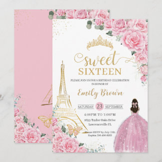 Sweet 16 Birthday Pink Floral Paris Eiffel Gold Einladung