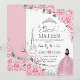 Sweet 16 Birthday Pink Floral Paris Eiffel Silver Einladung