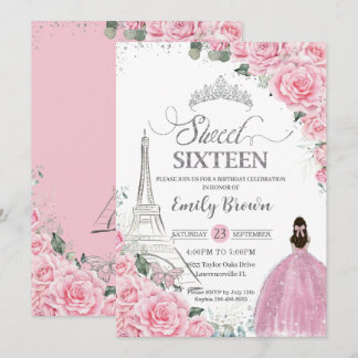 Sweet 16 Birthday Pink Floral Paris Eiffel Silver Einladung