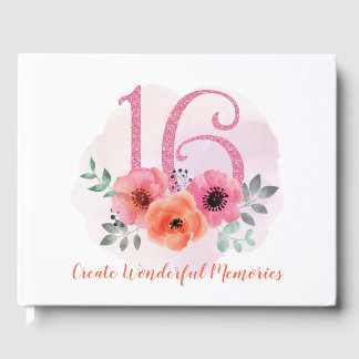 Sweet 16 Birthday Pink Floral Watercolor Glitzer Gästebuch