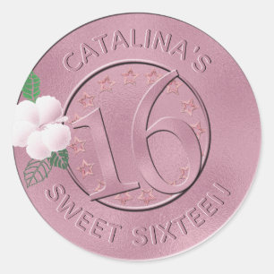 Sweet 16 Birthday Pink Imitate Metallic Foil Flora Runder Aufkleber