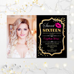 Sweet 16 Birthday Pink Kiss Gold Black Foto Einladung<br><div class="desc">Rosa Kiss Gold Black Foto Sweet 16 Geburtstag. 16 . Geburtstag Geburtstagsfeier Einladung mit Ihrem Bild. Enthält Skript-Schriftart,  Lips Kuss und Konfetti. Klassisches schwarzes fuchsienrosa Design mit Imitaten Glitzer Gold. Ideal für eine elegante 16. Geburtstagsfeier.</div>