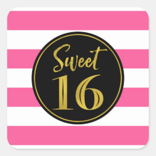 Sweet 16 Birthday Pink Schwarz-weiß Gold Quadratischer Aufkleber