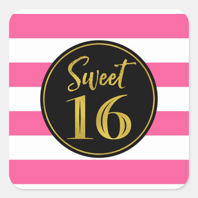 Sweet 16 Birthday Pink Schwarz-weiß Gold Quadratischer Aufkleber (Vorderseite)