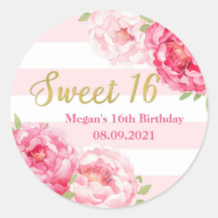 Sweet 16 Birthday Pink Stripes Gold Pink Blüte Runder Aufkleber