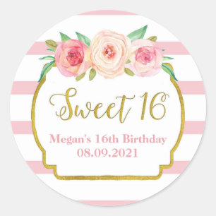 Sweet 16 Birthday Pink Stripes Gold Pink Blüte Runder Aufkleber