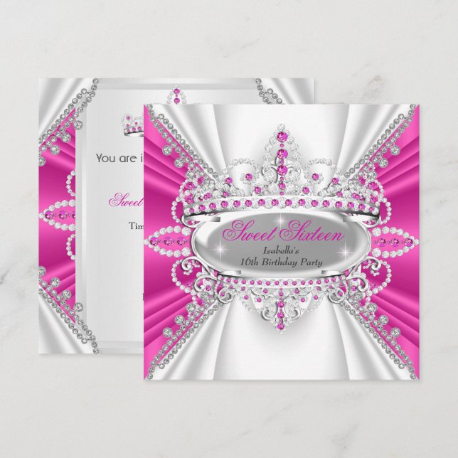 Sweet 16 Birthday Princess Hot Pink Diamonds Tiara Einladung (Vorne/Hinten)