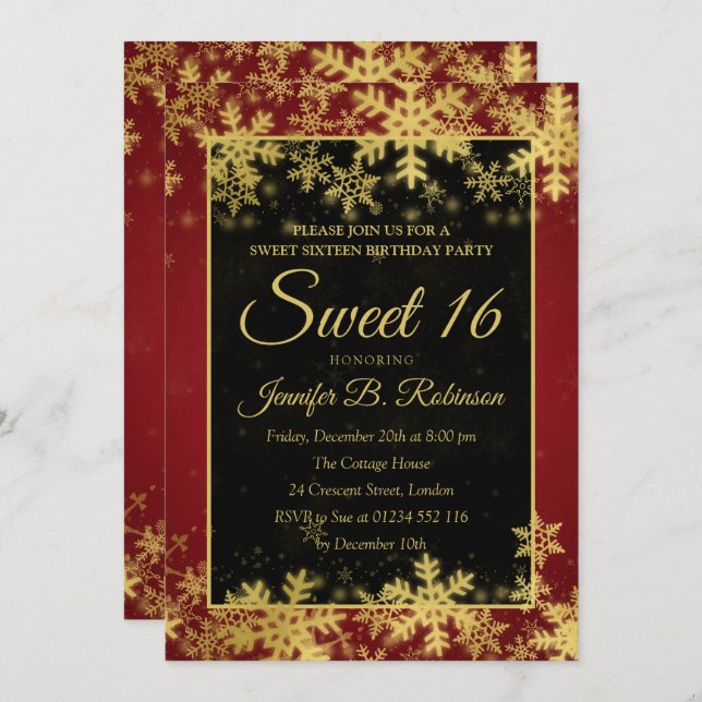 Sweet 16 Birthday Red & Gold Foil Schneeflocken Einladung (Vorne/Hinten)