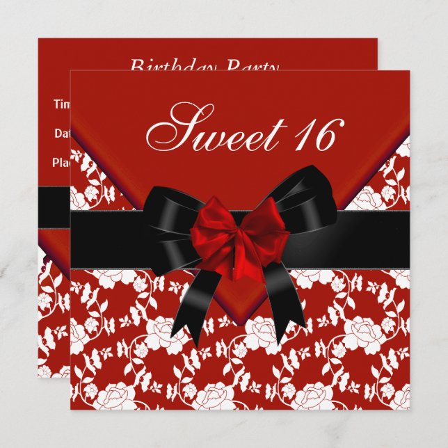 Sweet 16 Birthday Red Schwarz-weiß Floral Bow Einladung (Vorne/Hinten)