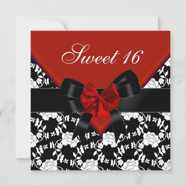 Sweet 16 Birthday Red Schwarz-weiß Floral Bow Einladung (Vorderseite)