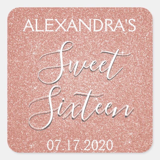 Sweet 16 Birthday Rose Gold Blush Pink Glitzer Quadratischer Aufkleber (Vorderseite)