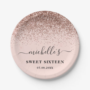 Sweet 16 Birthday Rose Gold Glitzer Sparkle Name Pappteller