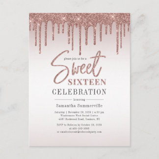 Sweet 16 Birthday Rose Gold Script Party Einladungspostkarte