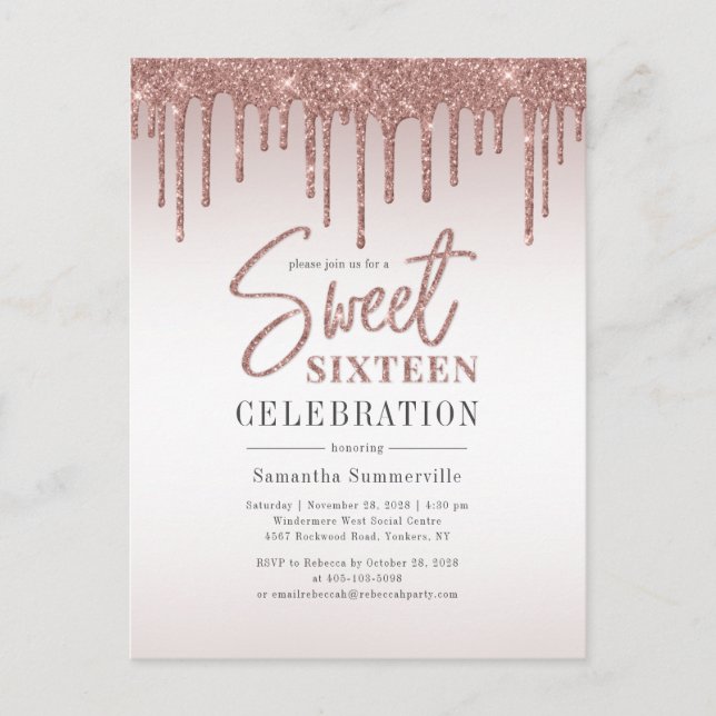 Sweet 16 Birthday Rose Gold Script Party Einladungspostkarte (Vorderseite)