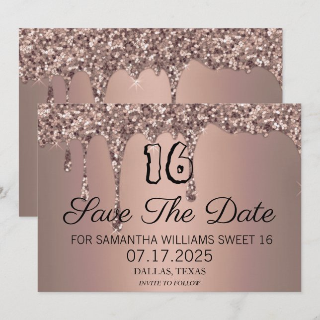 Sweet 16 Birthday Rose Gold Sparkle Glitzer Tropfe Save The Date (Vorne/Hinten)