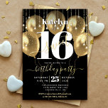 Sweet 16 Birthday Script Balloons Black Real Gold Folieneinladung<br><div class="desc">"Happy Sweet 16". Versenden Sie diese atemberaubende, einfache, festliche, moderne, personalisierte reale Goldfolie-Party Einladung für eine Veranstaltung, an die Sie sich erinnern können. Fett, grafisch, weiß Typografie und reales, handgeschriebenes Drehbuch mit Goldfolie überlagern Imitate Goldballons und Imitate goldene funkelnd Streichellichter auf einem ausgeklügelten, schwarzen Hintergrund. Personalisieren Sie den benutzerdefinierten Text...</div>