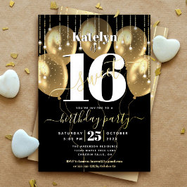 Sweet 16 Birthday Script Balloons Black Real Gold Folieneinladung