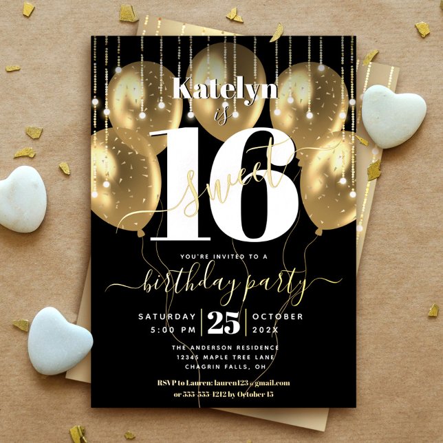 Sweet 16 Birthday Script Balloons Black Real Gold Folieneinladung (Von Creator hochgeladen)