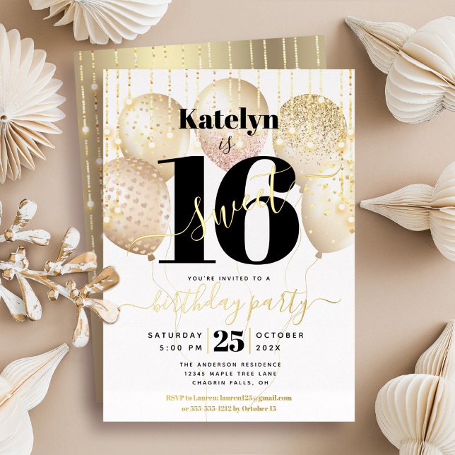 Sweet 16 Birthday Script Balloons White Real Gold Folieneinladung (Von Creator hochgeladen)