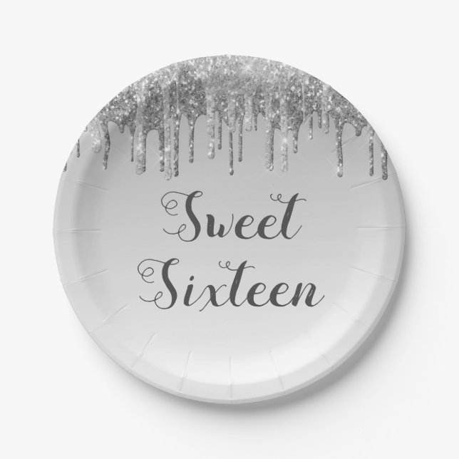 Sweet 16 Birthday Silver Glitzer Sparkle Pappteller (Vorderseite)