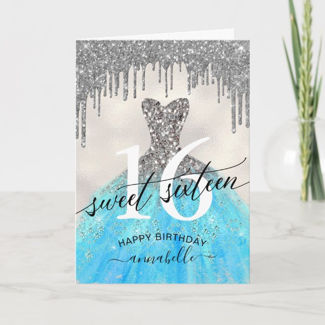 Sweet 16 Birthday Silver Glitzer Tropfen Karte (Vorderseite)