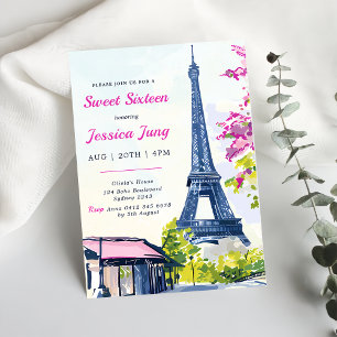 Sweet 16 Birthday Watercolor Blumeneiffelturm Einladung