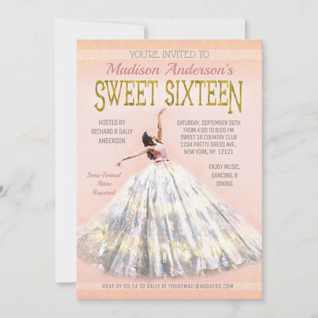 Sweet 16 Birthday Watercolor Dress Blush Pink Gold Einladung (Vorderseite)