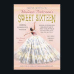 Sweet 16 Birthday Watercolor Dress Blush Pink Gold Einladung<br><div class="desc">Diese schönen süßen 16 Party Einladungen beinhalten eine wunderschöne Aquarelltänzerin in einem langen Kleid, das eine Pose mit ihren Armen ragt. Der Hintergrund ist rot pink mit einem Rand von goldfarbenen Fesseln / Konfetti. Das weiß-graue Kleid des Tänzers sieht leicht glitschig aus. Die Wörter "16 . Geburtstag" sind in Gold...</div>