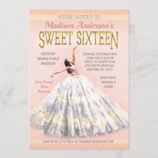 Sweet 16 Birthday Watercolor Dress Blush Pink Gold Einladung