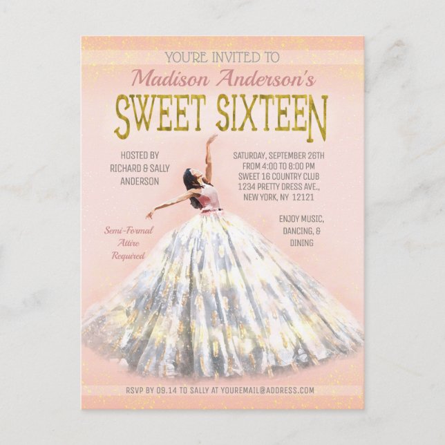 Sweet 16 Birthday Watercolor Dress Blush Pink Gold Postkarte (Vorderseite)
