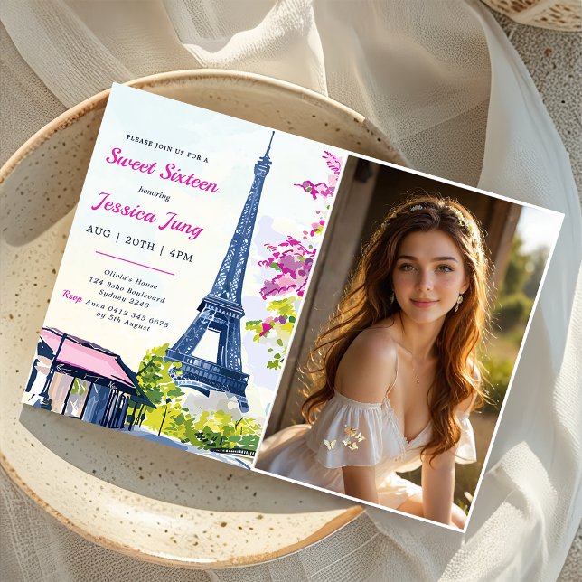 Sweet 16 Birthday Watercolor Floral Eiffel Foto Einladung (Von Creator hochgeladen)