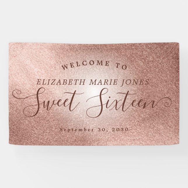 Sweet 16 Birthday Welcome Pink Rose Gold Glitzer Banner (Horizontal)