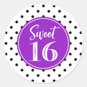 Sweet 16 Birthday White Lila Black Dots Runder Aufkleber