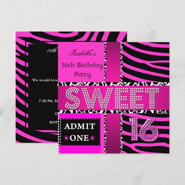 Sweet 16 Birthday Zebra Kuh Hot Pink Black Einladung (Vorne/Hinten)