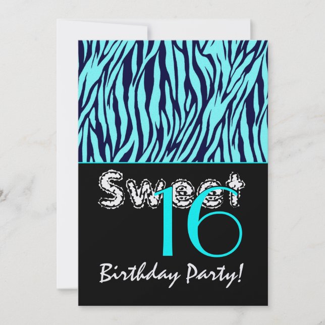 Sweet 16 Birthday Zebra Stripes Midnight Blue Aqua Einladung (Vorderseite)